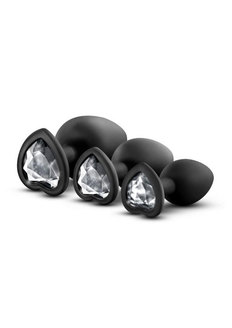 Load image into Gallery viewer, Luxe Bling Butt Plugs Silicone Training Kit with White Gems (3 Size Kit - Black
