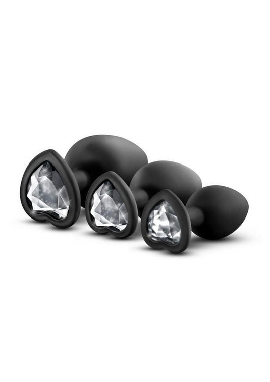 Luxe Bling Butt Plugs Silicone Training Kit with White Gems (3 Size Kit - Black