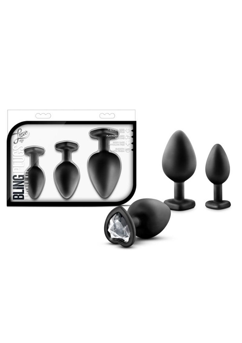 Load image into Gallery viewer, Luxe Bling Butt Plugs Silicone Training Kit with White Gems (3 Size Kit - Black
