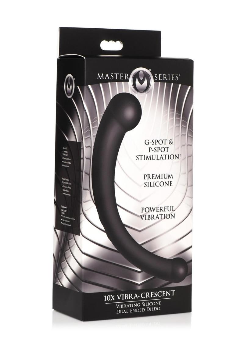 Load image into Gallery viewer, Master Series 10x Vibra-Crescent Rechargeable Silicone Vibrating Dual Ended Dildo - Black
