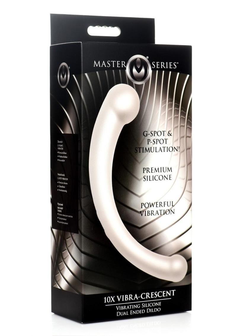 Load image into Gallery viewer, Master Series 10x Vibra-Crescent Rechargeable Silicone Vibrating Dual Ended Dildo - Silver
