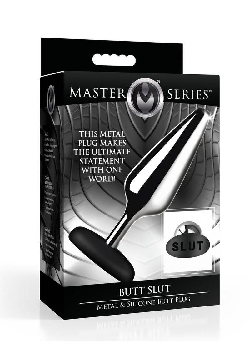 Load image into Gallery viewer, Master Series Butt Slut Metal and Silicone Butt Plug - Black/Metal/Silver
