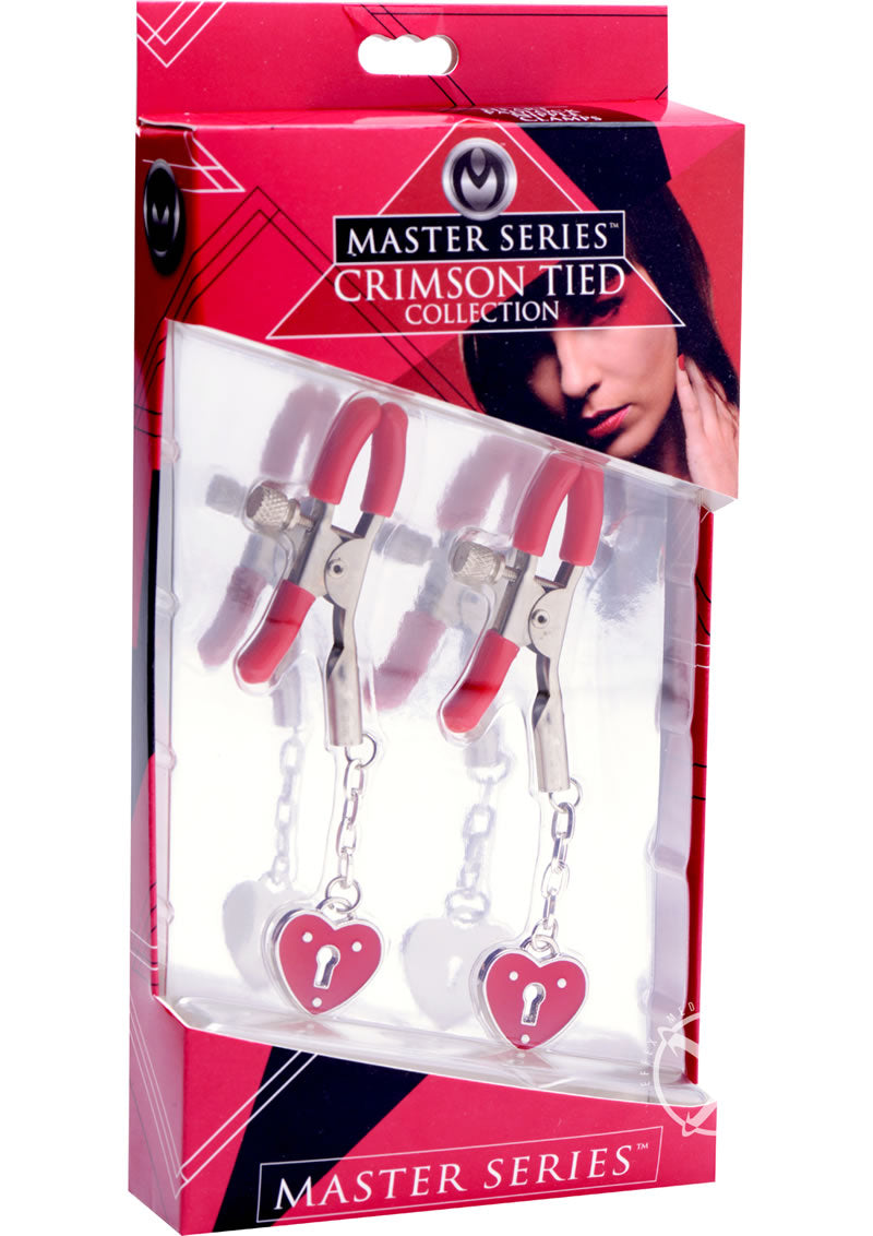 Load image into Gallery viewer, Master Series - Crimson Tied Charmed Heart Padlock Nipple Clamps - Red
