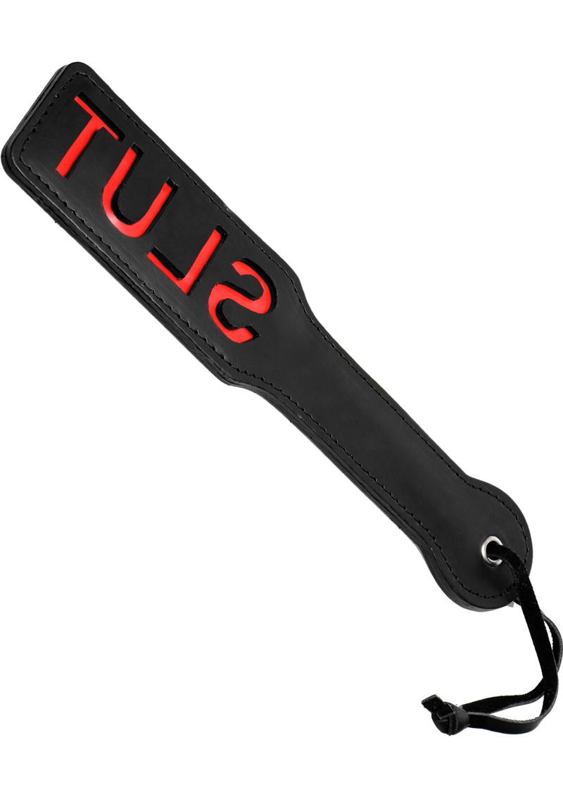 Load image into Gallery viewer, Master Series - Crimson Tied Slut Steel Enforced Spanking Paddle - Black/Red
