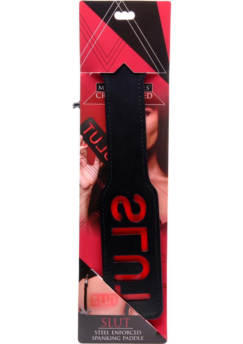 Load image into Gallery viewer, Master Series - Crimson Tied Slut Steel Enforced Spanking Paddle - Black/Red
