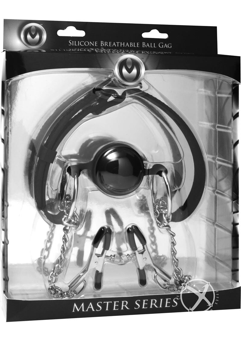 Load image into Gallery viewer, Master Series Hinder Breathable Silicone Ball Gag with Nipple Clamps - Black
