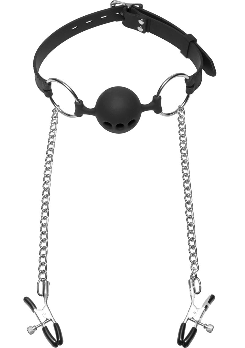 Load image into Gallery viewer, Master Series Hinder Breathable Silicone Ball Gag with Nipple Clamps - Black
