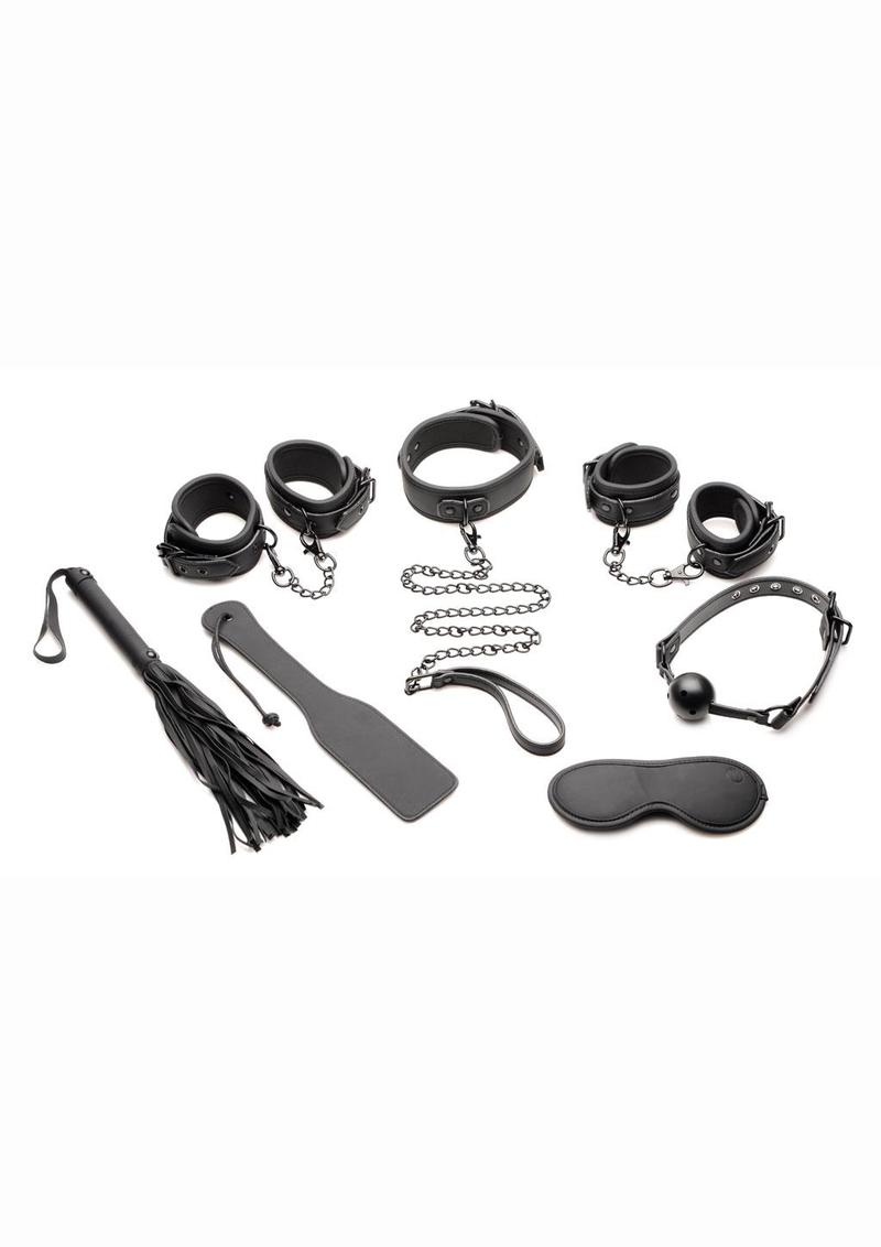 Load image into Gallery viewer, Master Series Master Of Kink Pu Leather Deluxe Bondage - Black/Metal - 7 Piece/Set
