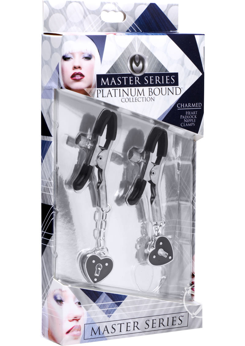 Load image into Gallery viewer, Master Series - Platinum Bound Charmed Heart Padlock Nipple Clamps - Silver
