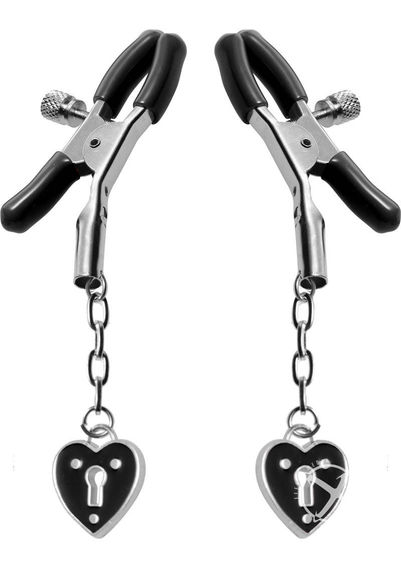 Load image into Gallery viewer, Master Series - Platinum Bound Charmed Heart Padlock Nipple Clamps - Silver
