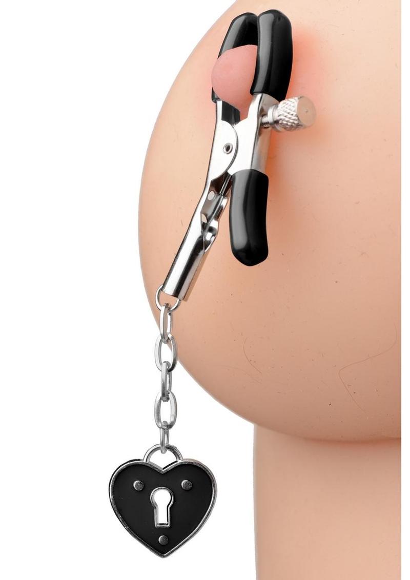 Load image into Gallery viewer, Master Series - Platinum Bound Charmed Heart Padlock Nipple Clamps

