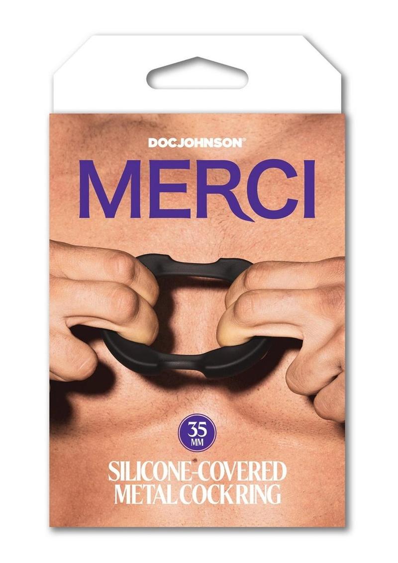 Load image into Gallery viewer, Merci Silicone Covered Metal Cock Ring - Black/Metal - 35mm
