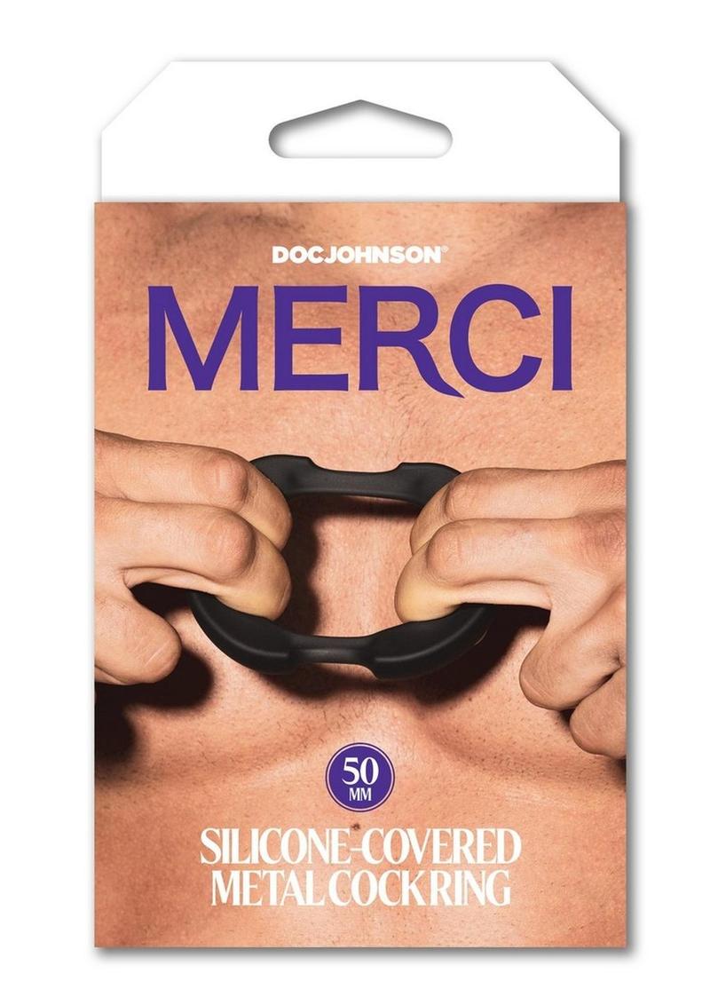 Load image into Gallery viewer, Merci Silicone Covered Metal Cock Ring - Black/Metal - 50mm
