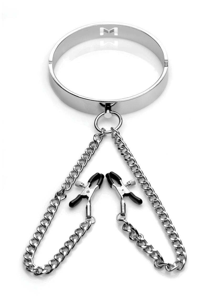 Load image into Gallery viewer, Mistress By Isabella Sinclaire Slave Collar with Nipple Clamps - Metal/Silver
