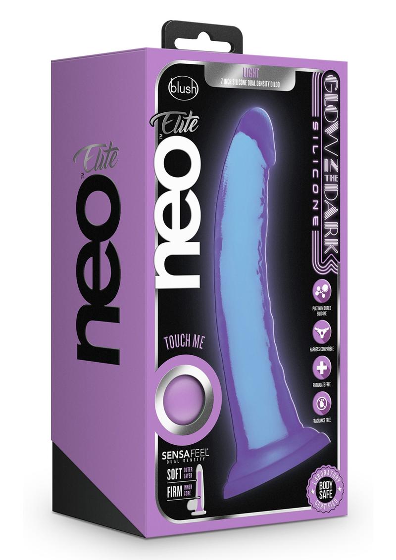 Load image into Gallery viewer, Neo Elite Glow In The Dark Light Silicone Dual Dense Dildo - Glow In The Dark/Neon Purple/Purple - 7in
