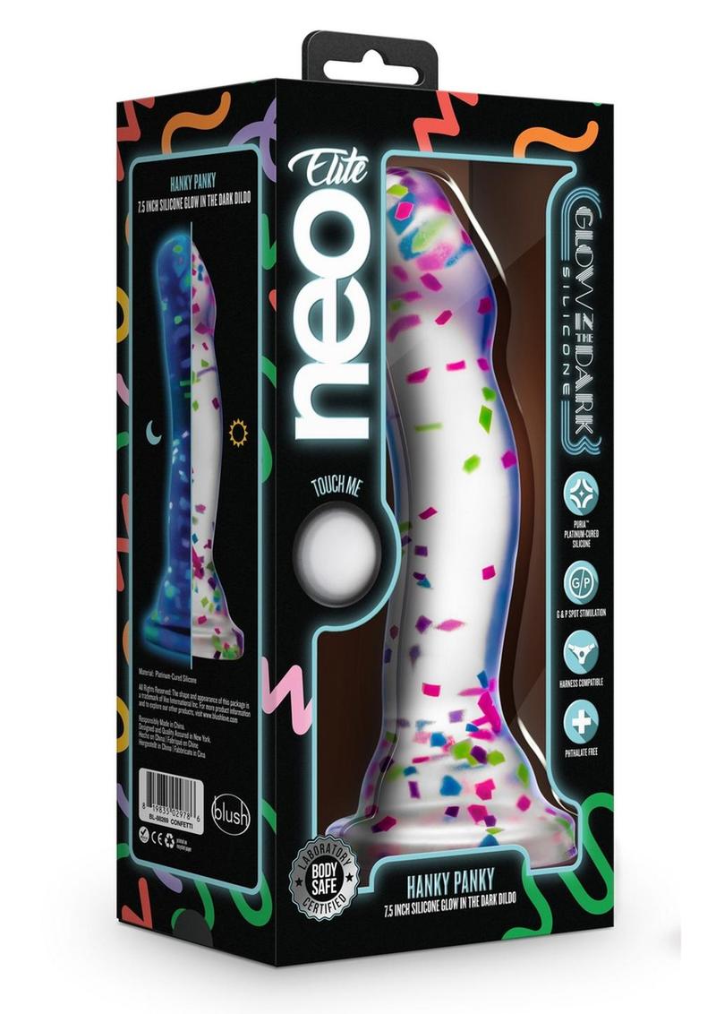Load image into Gallery viewer, Neo Elite Glow In The Dark Silicone Hanky Panky Dildo 7.5in - Confetti - Glow In The Dark/Multicolor

