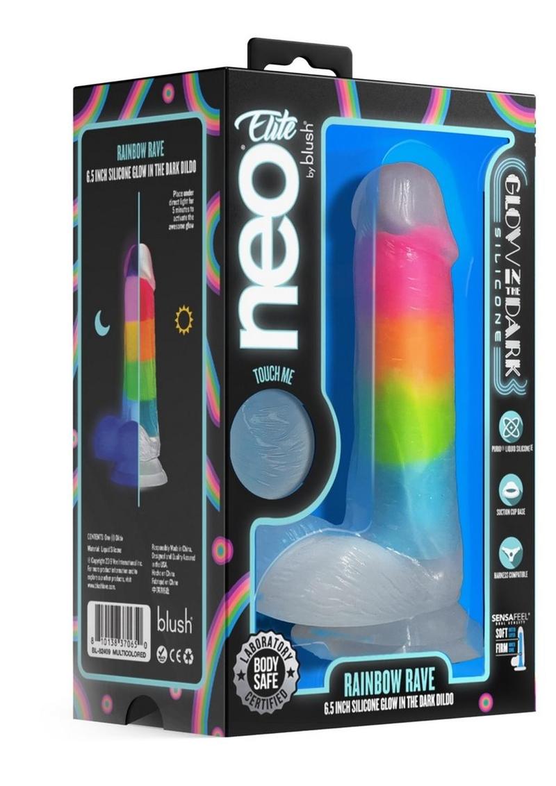 Load image into Gallery viewer, Neo Elite Glow In The Dark Silicone Rainbow Rave Dildo - Glow In The Dark/Multicolor - 6.5in
