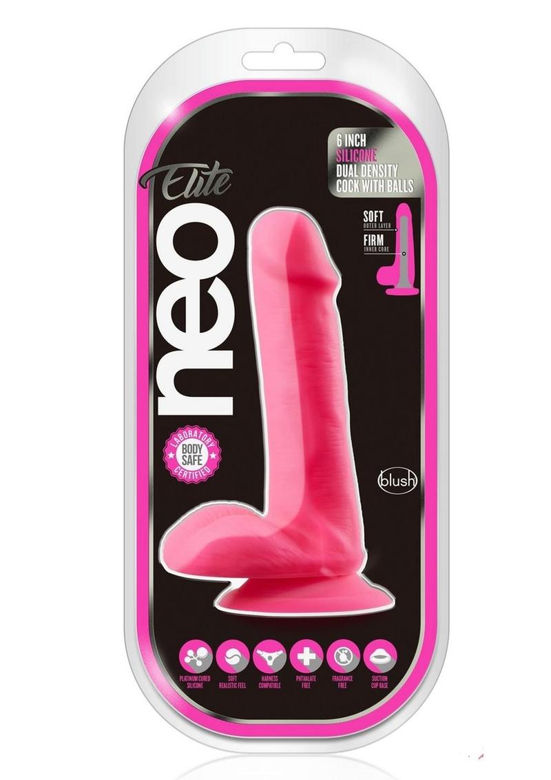 Load image into Gallery viewer, Neo Elite Silicone Dual Density Dildo with Balls - Neon Pink/Pink - 6in
