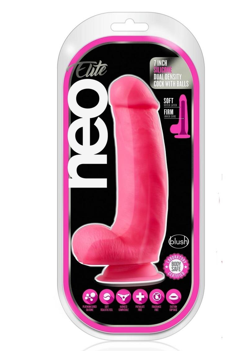 Load image into Gallery viewer, Neo Elite Silicone Dual Density Dildo with Balls - Neon Pink/Pink - 7in
