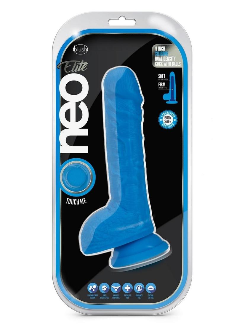 Load image into Gallery viewer, Neo Elite Silicone Dual Density Dildo with Balls - Blue - 9in
