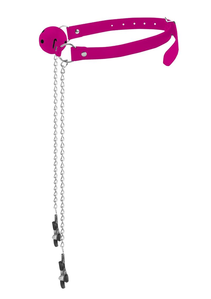 Load image into Gallery viewer, Ouch! Ball Gag with Nipple Clamps - Pink
