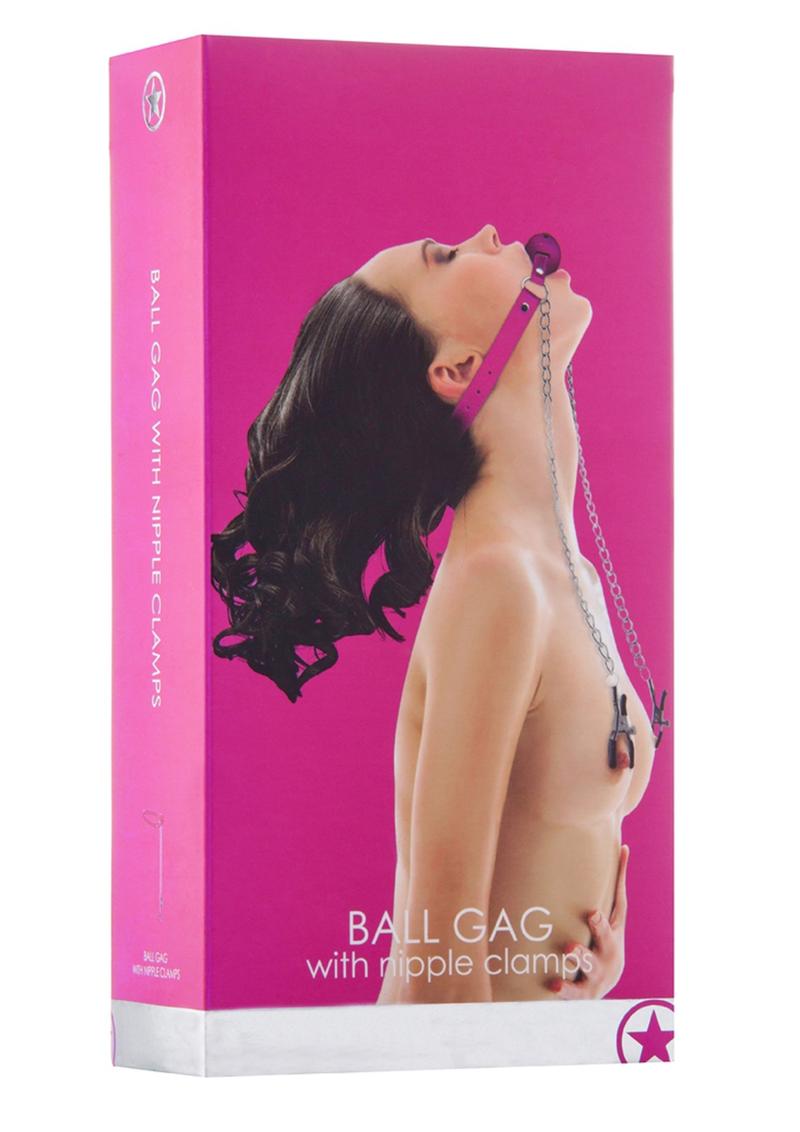 Load image into Gallery viewer, Ouch! Ball Gag with Nipple Clamps - Pink
