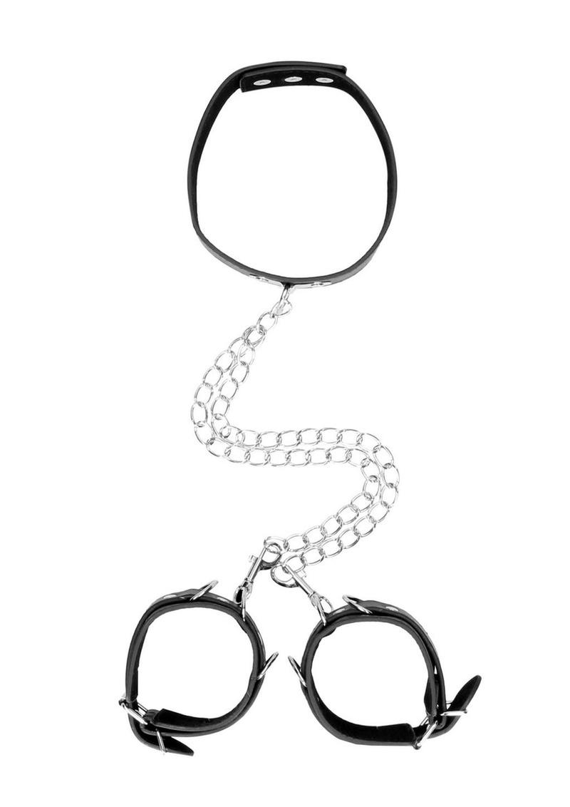 Load image into Gallery viewer, Ouch! Bonded Leather Collar with Hand Cuffs and Leash - Black
