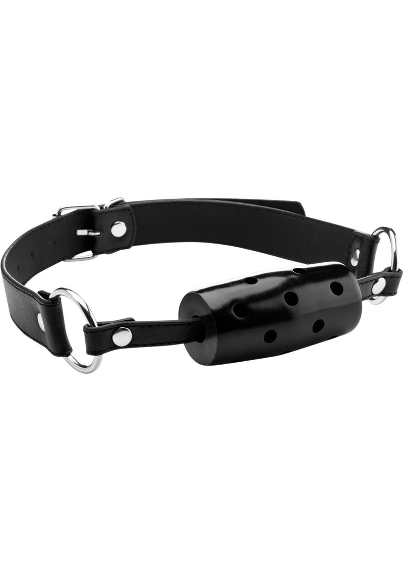 Load image into Gallery viewer, Ouch! Cylinder Gag with Leather Straps - Black/Metal
