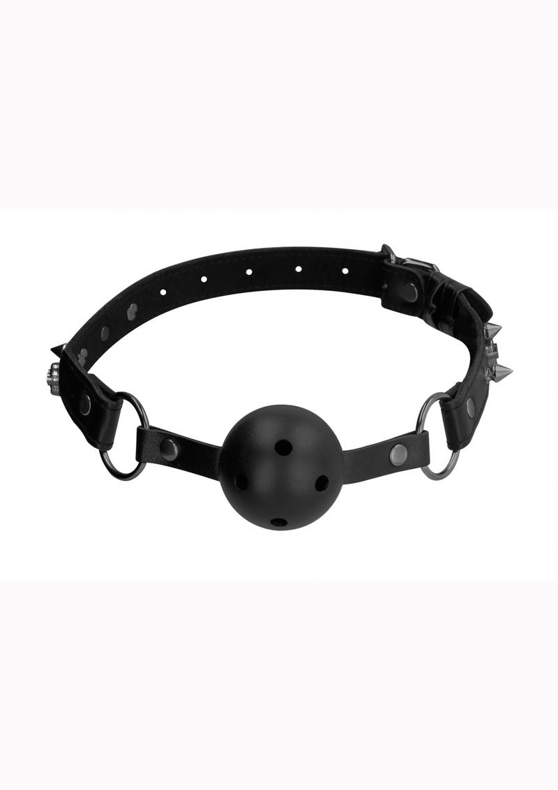 Load image into Gallery viewer, Ouch! Skulls and Bones Breathable Ball Gag Leather - Black/Metal
