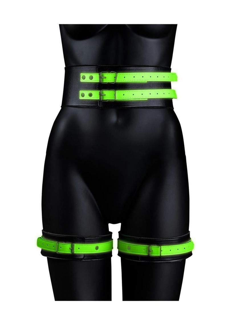 Load image into Gallery viewer, Ouch! Thigh Cuffs with Belt and Handcuffs - Glow In The Dark/Green - Large/XLarge
