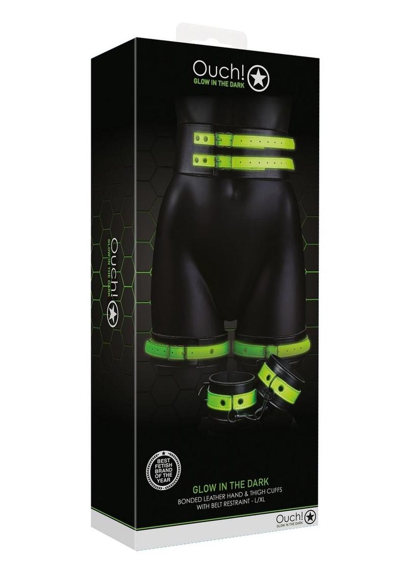 Load image into Gallery viewer, Ouch! Thigh Cuffs with Belt and Handcuffs - Glow In The Dark/Green - Large/XLarge
