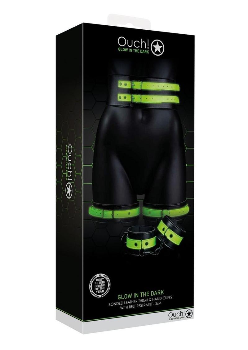 Load image into Gallery viewer, Ouch! Thigh Cuffs with Belt and Handcuffs - Glow In The Dark/Green - Medium/Small
