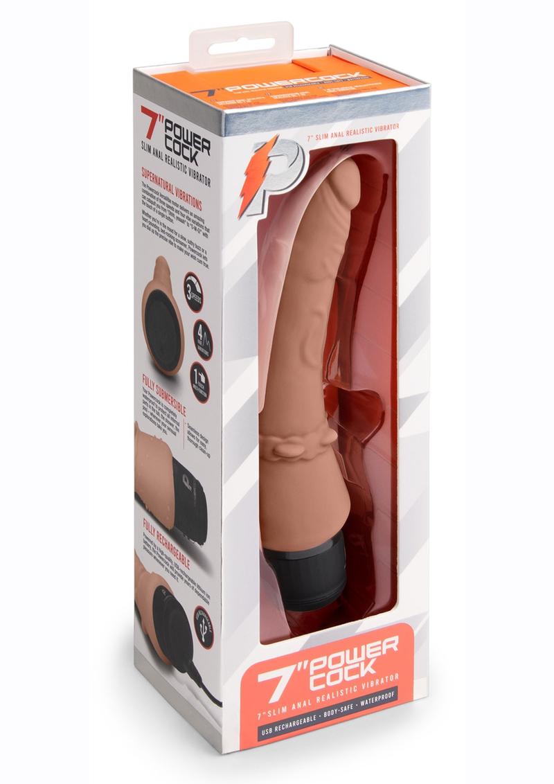 Load image into Gallery viewer, Powercocks Silicone Rechargeable Slim Anal Realistic Vibrator - Caramel - 7in
