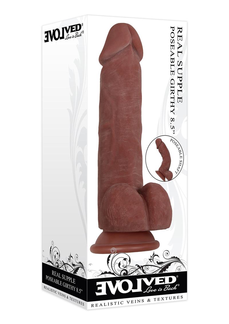 Load image into Gallery viewer, Real Supple Girthy Poseable Dildo with Balls - Chocolate - 8.5in
