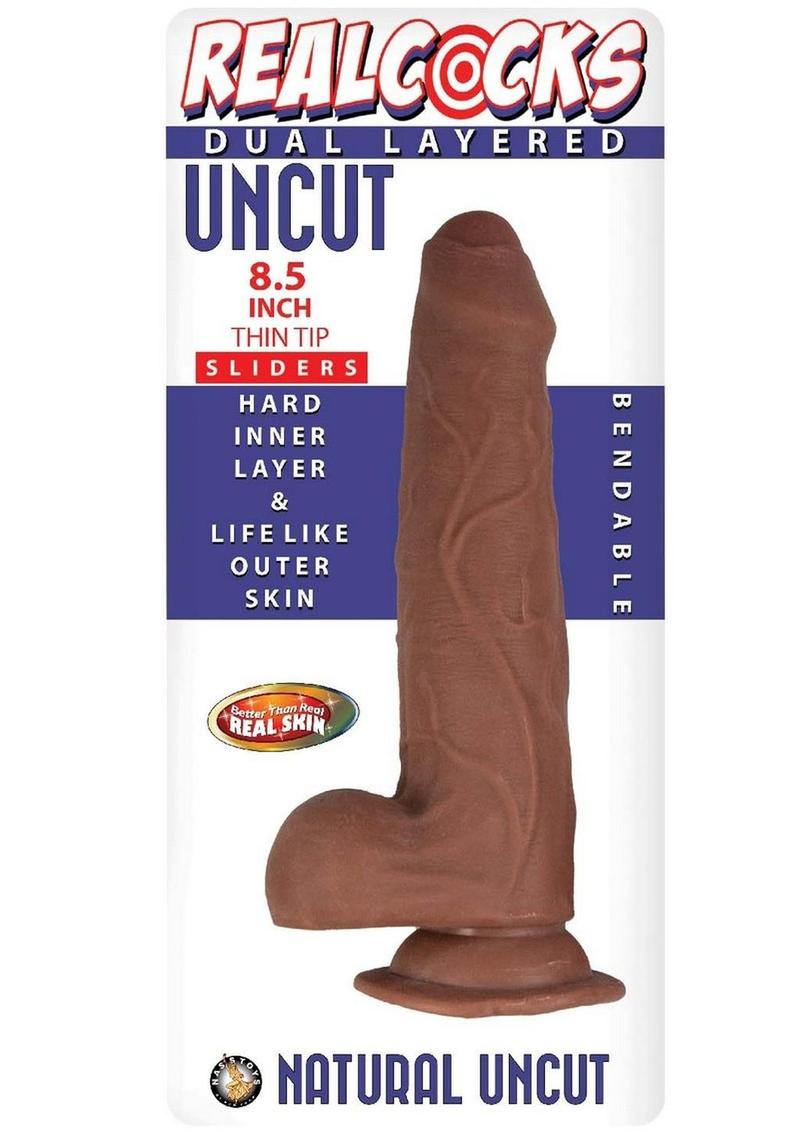 Load image into Gallery viewer, Realcocks Dual Layered Uncut Slider Thin Tip Dildo - Caramel - 8.5in
