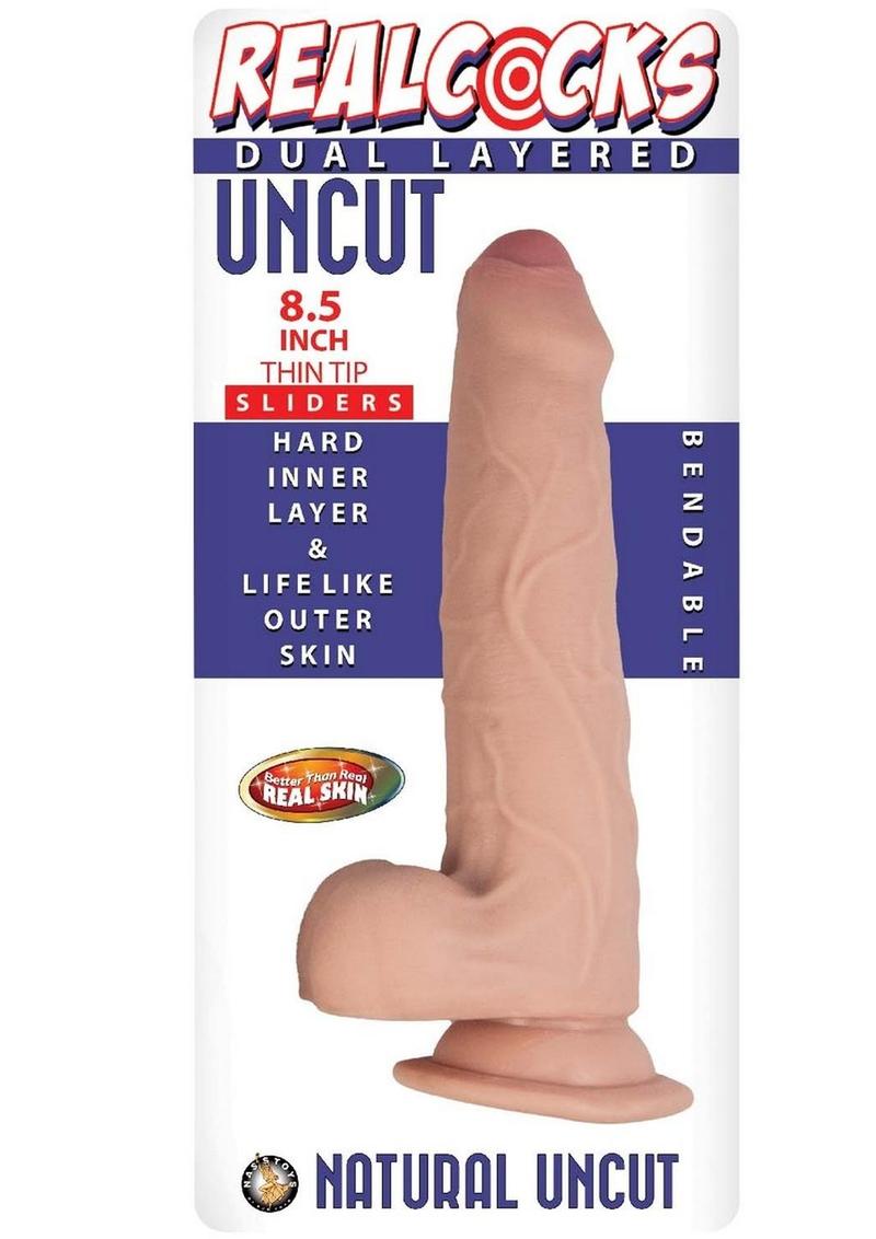 Load image into Gallery viewer, Realcocks Dual Layered Uncut Slider Thin Tip Dildo - Vanilla - 8.5in
