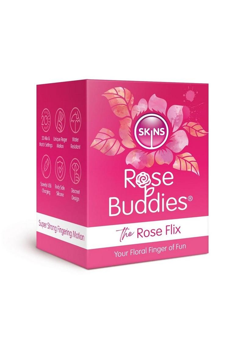 Load image into Gallery viewer, Skins Rose Buddies The Rose Flix Finger Rechargeable Silicone Clitoral Stimulator - Pink
