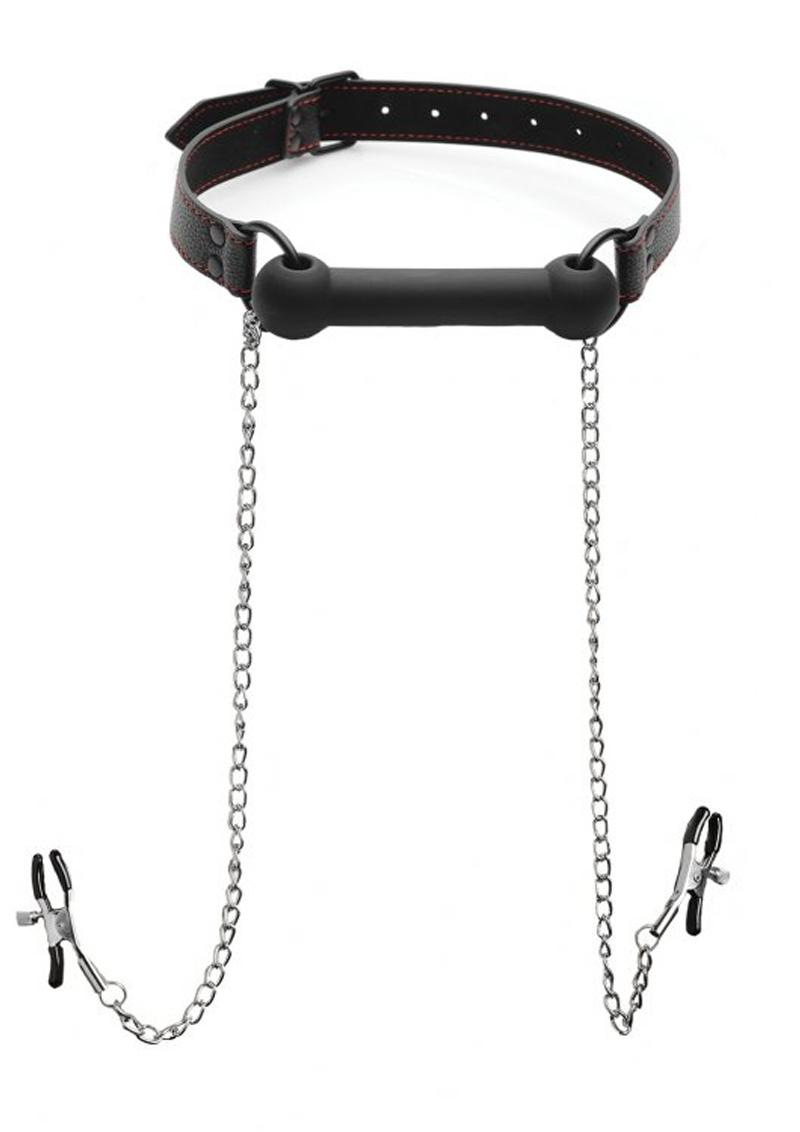 Load image into Gallery viewer, Strict Black Silicone Bit Gag with Nipple Clamps - Black/Metal
