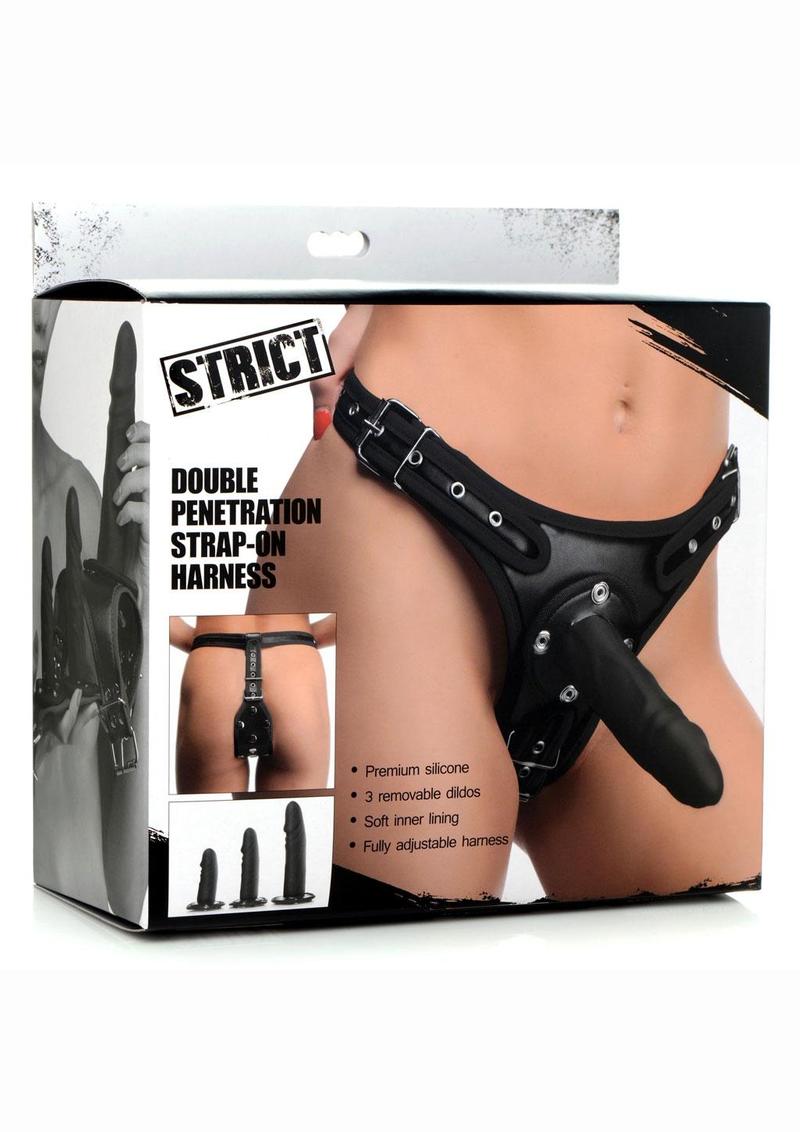 Load image into Gallery viewer, Strict Double Penetration Strap-On Harness with Silicone Dildos - Black - 3 Pack
