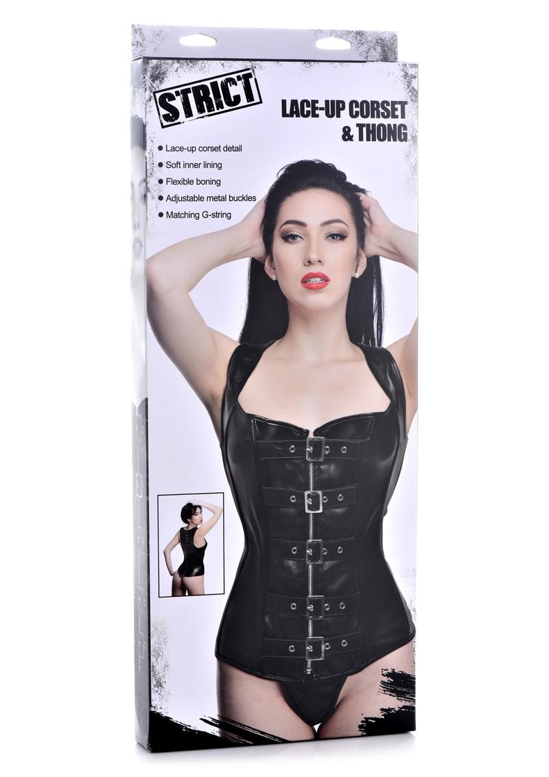 Load image into Gallery viewer, Strict Lace-Up Corset Vest and Thong - Black - Medium
