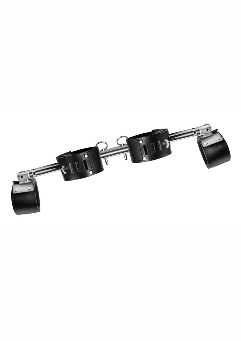 Load image into Gallery viewer, Strict Leather Adjustable Swiveling Spreader Bar with Leather Cuffs - Black/Silver
