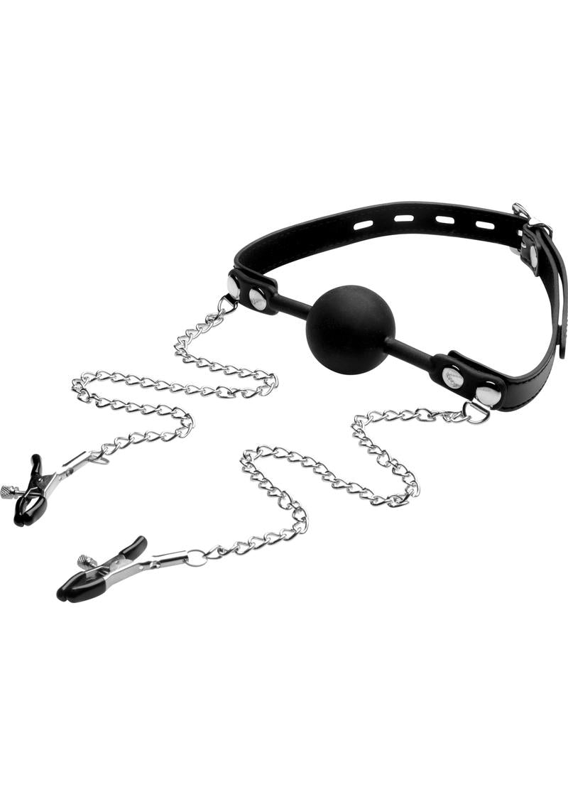 Load image into Gallery viewer, Strict Silicone Ball Gag with Nipple Clamps - Black
