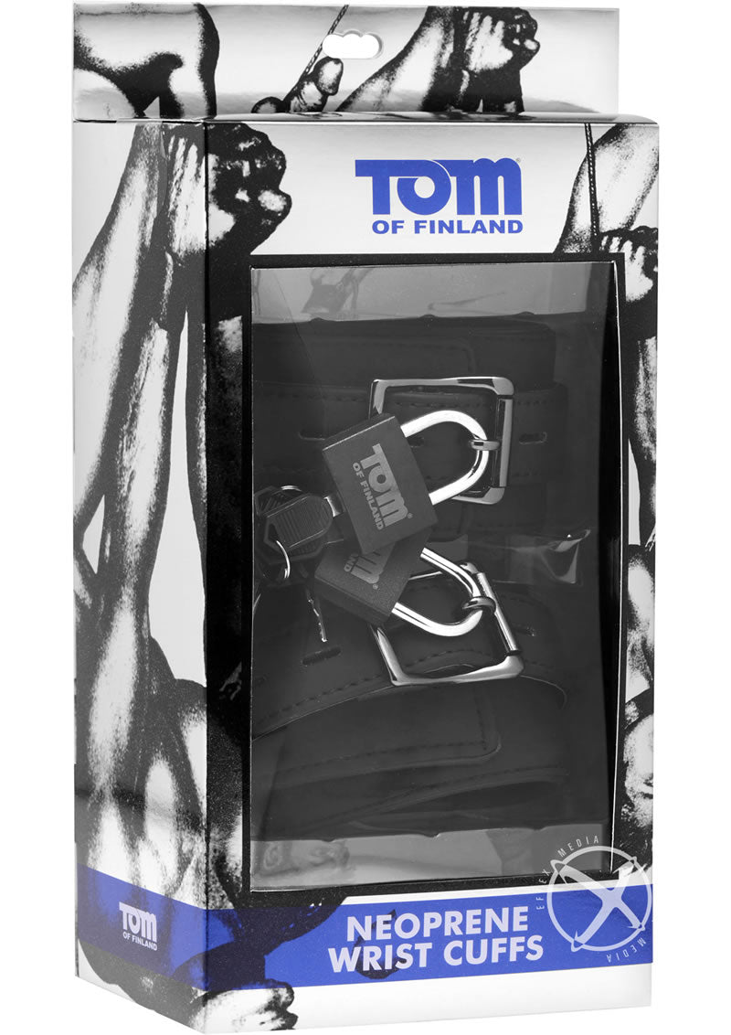 Load image into Gallery viewer, Tom Of Finland Neoprene Wrist Cuffs with Locks - Black
