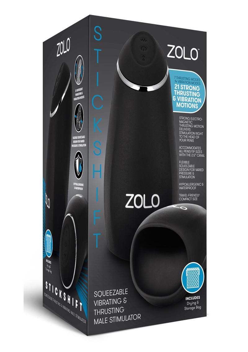 Load image into Gallery viewer, ZOLO Stickshift Squeezable Vibrating and Thrusting Rechargeable Male Stimulator - Black/Silver
